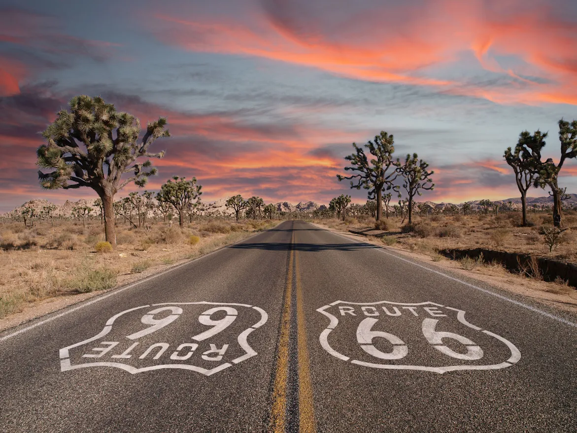 Iconic Route 66 through desert landscape