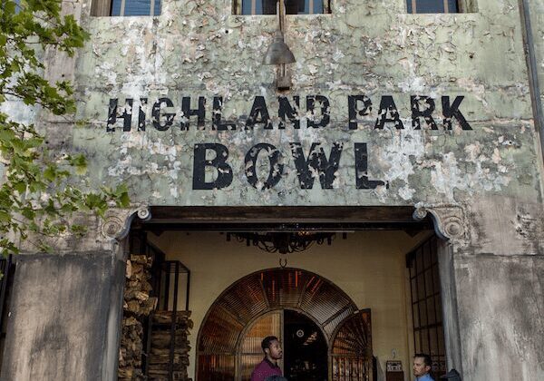 Highland Park Bowl entrance with people outside.
